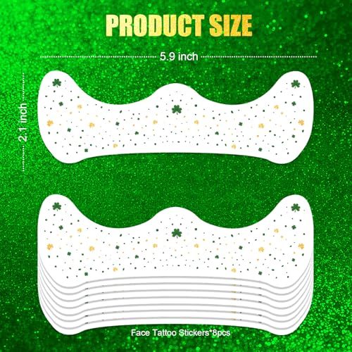 St Patricks Day Accessories Metallic Gold & Green Shamrock Freckles Temporary Tattoos - Shimmer Foil Clover Face Stickers for Women Girls, Waterproof Sparkle Irish Party Makeup (8 Sheets)
