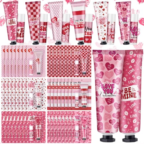 Loopeer 48 Sets Valentine's Day Hand Cream Lip Balm Gifts Bulk Galentine's Day Gift Valentine Party Favor Moisturizing Heart Hand Lotion Bulk Mini Dry Cracked Care Cream for Women Teacher Coworker