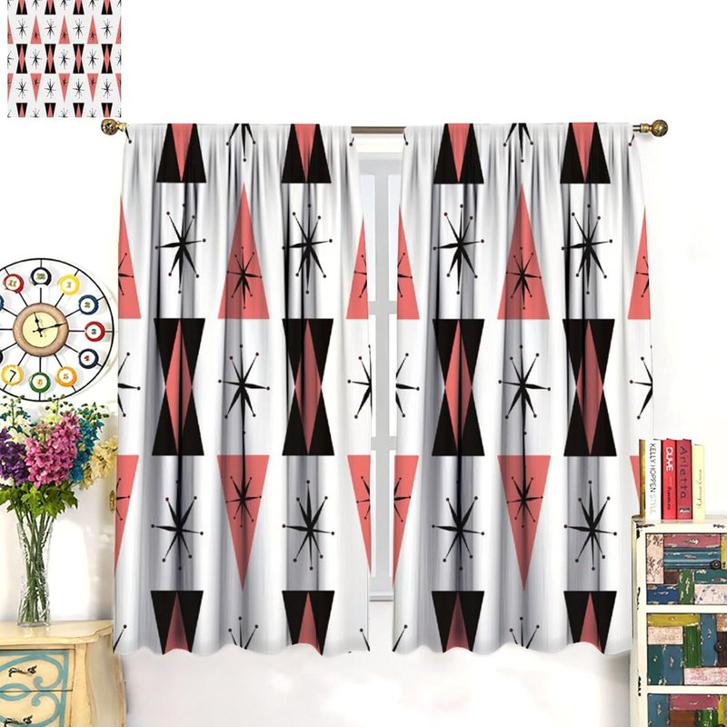 Retro 50s Atomic Pattern Curtains - Black, White, Coral Pink - Window Treatments, Thermal Insulated, 2 Panel Sets