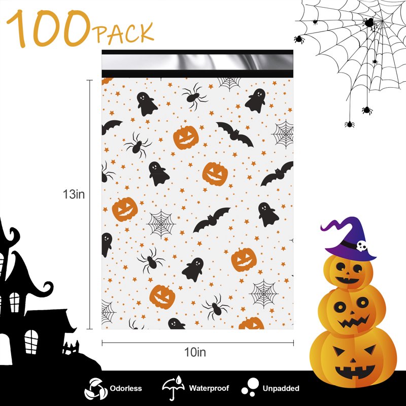 Halloween Poly Mailers 10x13 Inches - Waterproof Self-Seal Shipping Bags - 100 Pack
