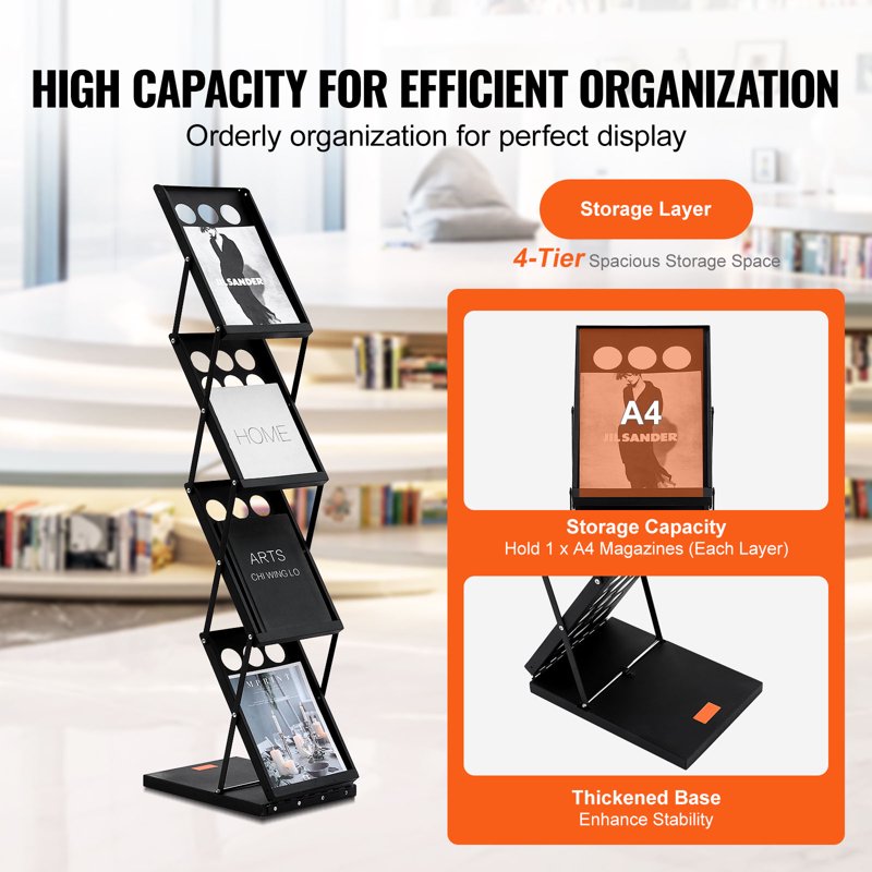 Foldable Magazine Display Rack with 4 Pockets - Portable Literature Organizer