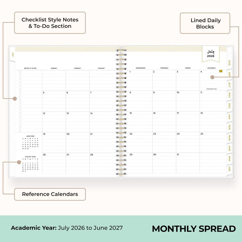Academic Year Monthly Planner Calendar 2026-2027, 8x10 Inch, Flexible Cover, Wirebound, Laminated Tabs