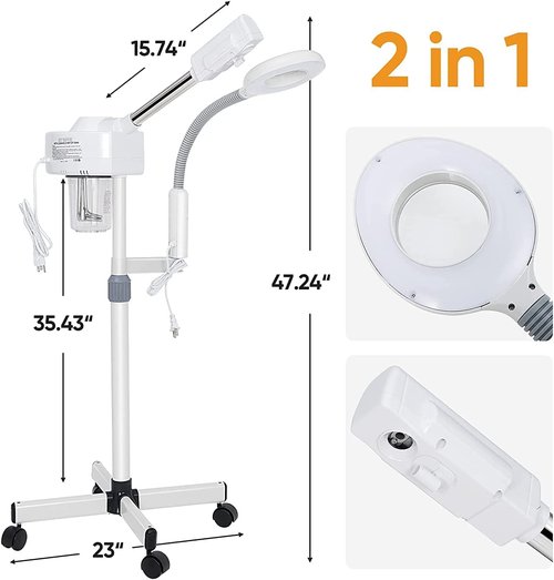 BBBuy 2 in 1 Facial Steamer Professional Nano Ionic Face Deep Cleansing Hydration with 5X Magnifying LED Lamp & Rolling Wheels, High Frequency, Portable Home Spa Salon Beauty Skin Care Equipment