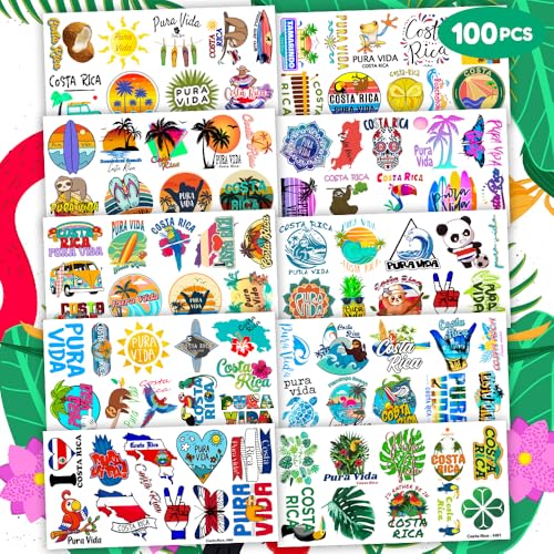 100PCS Costa Rica Pura Vida Temporary Tattoos Birthday Party Decorations Favors Supplies Summer Tropical Beach Tattoo Stickers Gifts For Kids Boys Girls School Rewards Prizes Carnival
