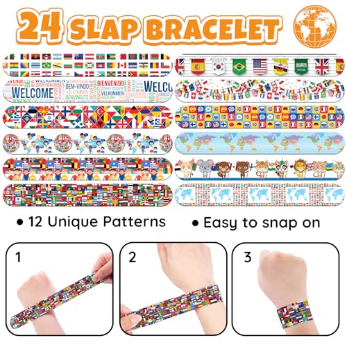 96 PCS World Flag Party Favors ? 72 Pre-Cut Temporary Tattoos & 24 Slap Bracelets for Kids, Multicultural Birthday Supplies & Classroom Rewards
