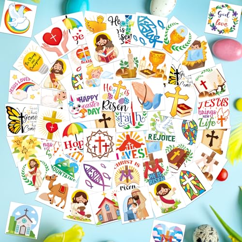 HOWAF 96pcs Religions Easter Temporary Tattoos, Happy Easter Day Temporary Tattoos for Kids, Christian Easter Waterproof Tattoos Stickers for Easter Spring Party Favors, Easter Jesus Cross Tattoos