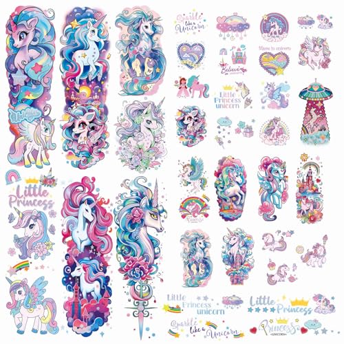 Unicorn Temporary Tattoo for Kids 35pcs Realistic Fake Tattoos, Full Half Arm Sleeve Glitter Tattoo Kit, Waterproof Birthday Party Supplies, Makeup Gifts for Girls Kids (24 Sheets)