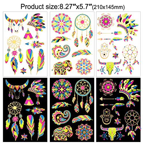 HOWAF 8 Large Neon Glow in The Dark Metallic Gold Temporary Tattoos, Assorted Designs Glow UV Neon Metallic Peacock Feather Mandala Flower Fake Waterproof Tattoo Stickers for Women Men Girls Body Art