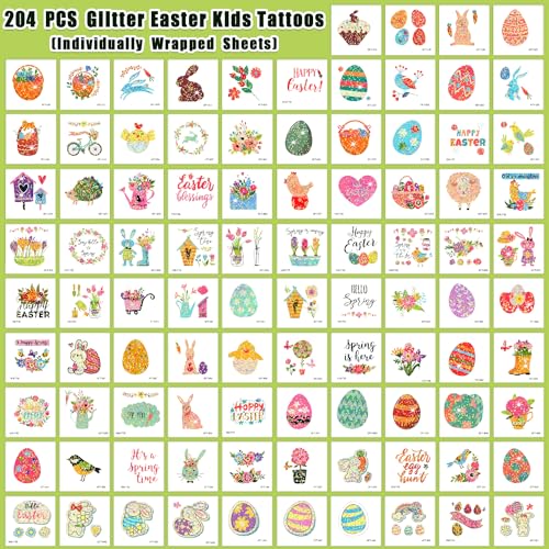 Partywind 204 PCS Glitter Easter Party Decorations for Kids Tattoos, Easter Party Supplies, Easter Basket Essentials Goodie Bag Stuffers for Boys Girls, Egg Hunt Games (Individually Wrapped Cut)