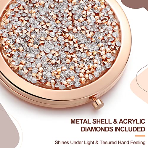 Roowest 16 Pack Metal Rhinestone Compact Mirror Bulk for Women Inspirational Rose Gold Magnifying Pocket Mirrors for Purses Women Day Gift Wedding Bridal Shower Favors