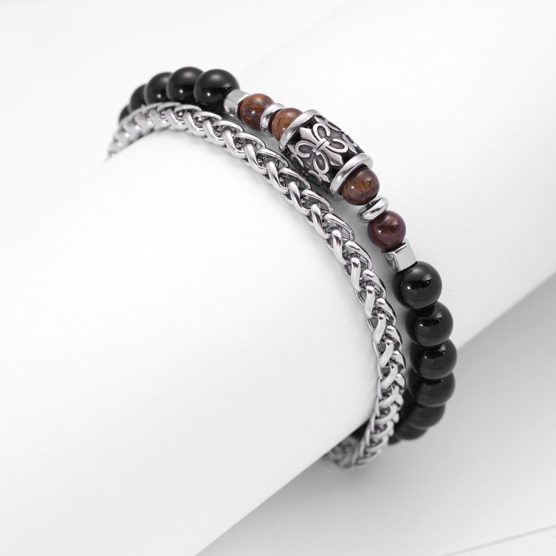 Men's Tiger Eye Bead Bracelet with Stainless Steel Chain - Healing Gemstone Jewelry