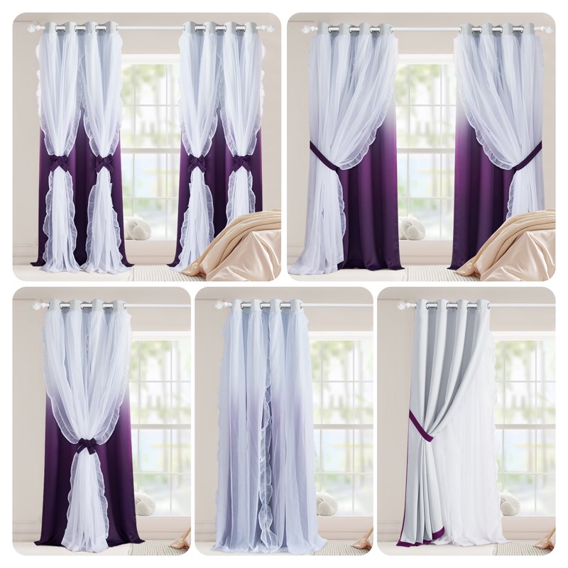 Kids Room Blackout Curtains with Sheer Ruffle Layer - Double Panel Thermal Insulated
