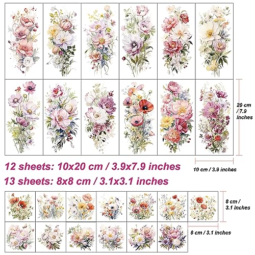 Everjoy Flower Temporary Tattoo Sleeve Sheets Kit, 12 Large Watercolor Floral Tattoo Stickers, 13 Small Fake Flower Tattoo Designs for Women and Girls