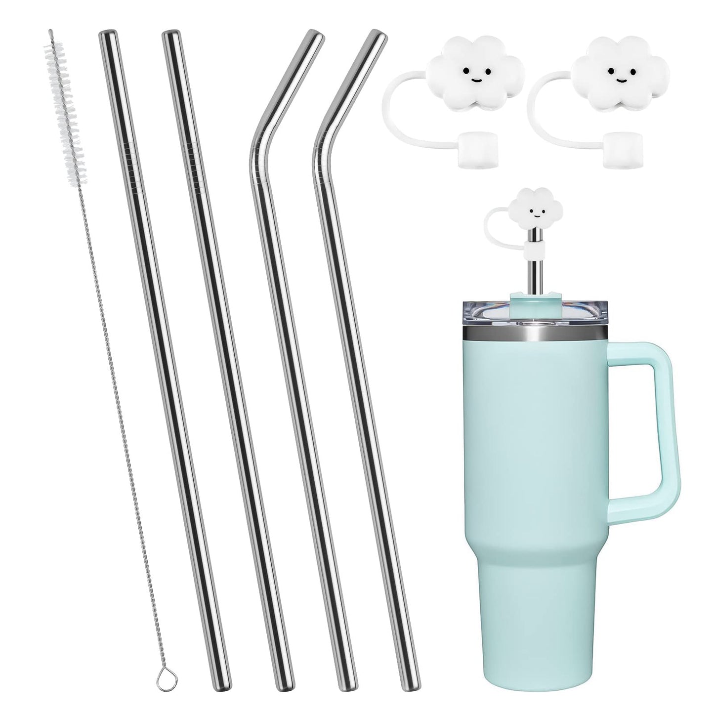 AUAUY 4 PCS Stainless Steel Replacement Straws for Stanley 40oz Cup, Reusable Straws Compatible with Stanley Adventure Quencher Travel Tumbler, Durable Cup Straws with Cleaning Brush & Straw Covers