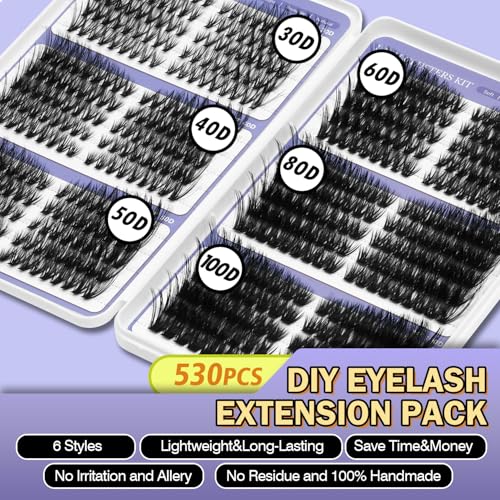 DIY Lash Clusters Kit Pre Mapped 30-100D Volume Eyelash Extension Kit 8-16mm Thick Individual Lashes 530 pcs with Lash Bond and Seal, Lash Tweezers, Super Thin Band Eyelashes