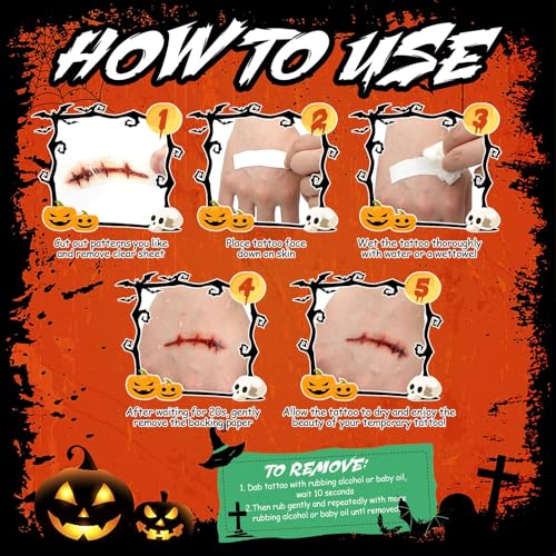 12 Sheets Fake Scars Tattoo Temporary Halloween Makeup Kit, Realistic Halloween zombie makeup Fake Bloody Wound Stitch Scar Tatoos Halloween Masquerade Prank Makeup Props