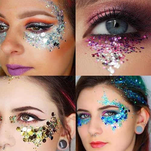 High Capacity 60+60ML Chunky and Fine Mixed Face Body Glitter with Gel for Singer Concerts Rave Party Makeup,Quick Dry and Long Lasting Holographic Iridescent Sequins Glitter Gel (white+pink)