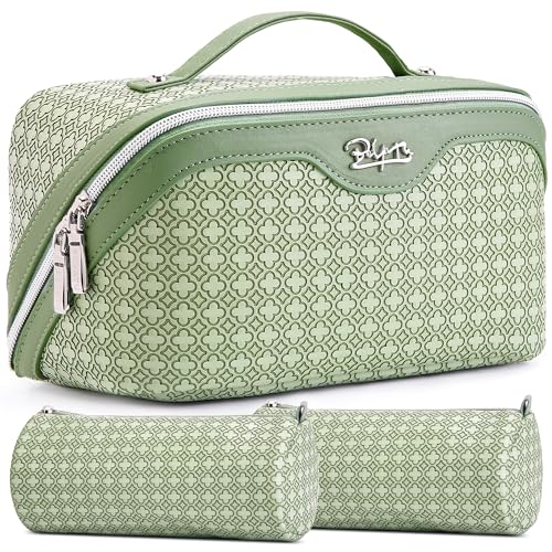 BOYATU Travel Makeup Bag for Women: Four Leaf Clover Large Capacity 3 Pcs Set Cosmetic Bags - Waterproof 50% Extra Space for Toiletry Organizer - Travel Essentials for Fortunate (01 Light Green)