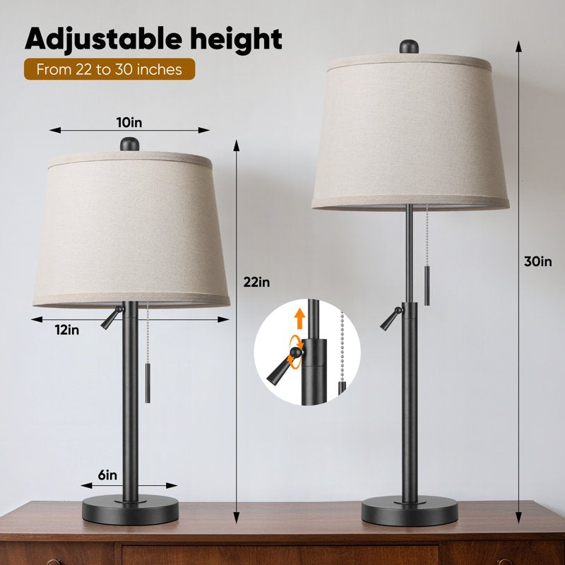 Height Adjustable Set of 2 Table Lamps for Bedroom Living Room - Black