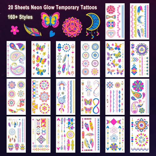 20 Sheets Glow in The Black Light Temporary Tattoos, Glow Party Supplies for Adults and Kids, 160+ Neon UV Glow Fluorescent Designs, Perfect for Neon Raves, Festivals, Birthday Parties and More