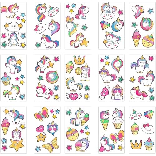 16 x Unicorn Kids Tattoos Temporary for a Party for Girls Age 7-8 Children Fake Transfer Stick on Rainbow Stars Butterfly Unisex Stickers Individual Sheets