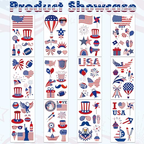 106 PCS 4th of July Tattoos, Fourth of July Tattoos for Kids, Patriotic Temporary Stickers, American Flag Red White Blue Decor for Independence Day Accessories Decoration Supplies Favors