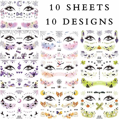 Uranian Halloween Temporary Tattoos Face Freckle Makeup Tattoos Cobweb Spider Bat Ghost Tattoo Stickers Cute Face Makeup Decals Halloween Fake Tattoos for Women
