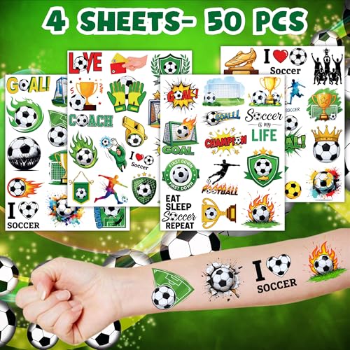 50 PCS Soccer Ball Temporary Tattoos for Kids, Sport Themed Tattoos for Birthday Party Supplies Europa World Cup Football Sports Player Tattoo Stickers for Boys Girls Party Bag Filler School Reward