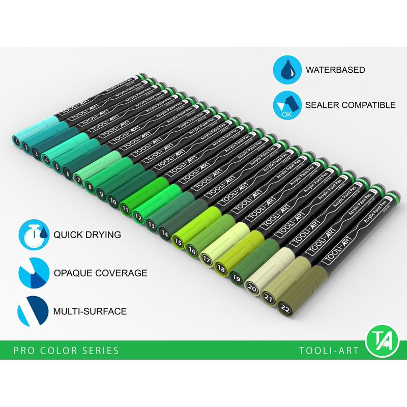 Green Acrylic Paint Pens 22-Color Set 0.7mm Extra-Fine Tip - Pro Color Series, TOOLI-ART, Variation: Green