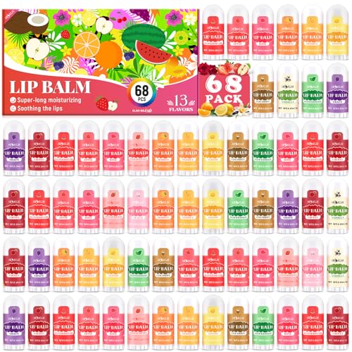 Mini Lip Balm 68 Pack, Natural Lip Balms with Vitamin E and Coconut Oil. Moisturizes for Dry Lips, Perfect for Christmas Gifts, Party Favors, Gift Bags and Small Gifts-13 Flavors