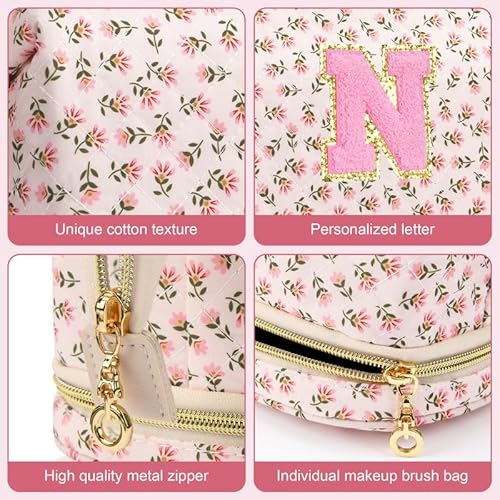 Personalized Initial Makeup Bag, Pink Flowers Quilted Makeup bag Valentine's Day for Girls,Teen, Women, Double Layer Travel cosmetic Bag with Make up Brush Organizer,Cute Travel Toiletry Pouch