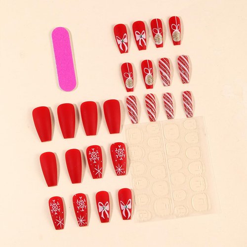 Christmas Press on Nails Long Coffin Fake Nails with Ribbon Designs Red Pink Stripe Glue on Nails Snowflake Gift Stick on Nails Glossy Reusable Xmas False Nails for Women Girls Winter Holiday Manicure