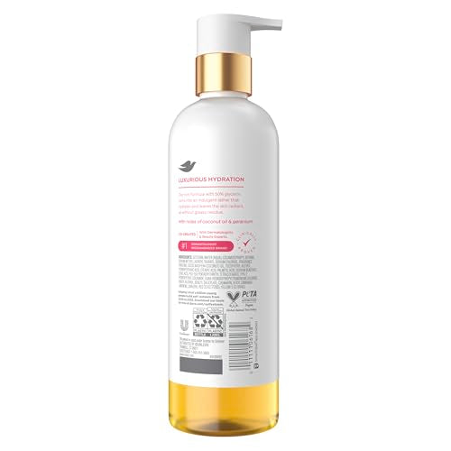 Dove Shower Oil Body Wash Serum + Dewy with Coconut & Geranium Oil, Hydrating Cleanser for Soft Skin, 15.3 fl oz