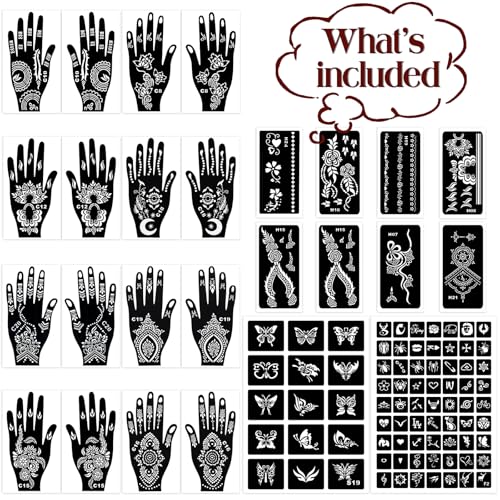 Henna Tattoo Stencils Kit 18 Sheets,Henna stencils for hands Temporary Tattoo Stickers for Women and Girls Face Paint Body Art