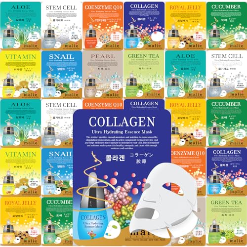 30 pcs Ultra Hydrating Essence Mask, Korean Facial Mask Sheets (3 x 10 Types), Moisturizing Skincare, Dermal Care