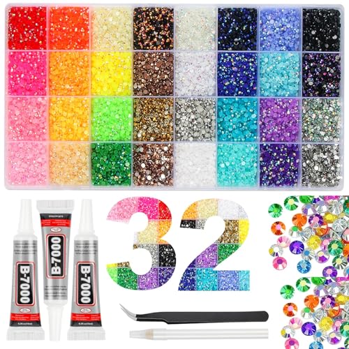 37000Pcs 32 Colors Resin Jelly Gems for Bedazzling, 3mm Flatback Rhinestones for Crafts, with 3 Bottles B7000 Glue for Clothes, Shoes, Nails, Jewelry Making