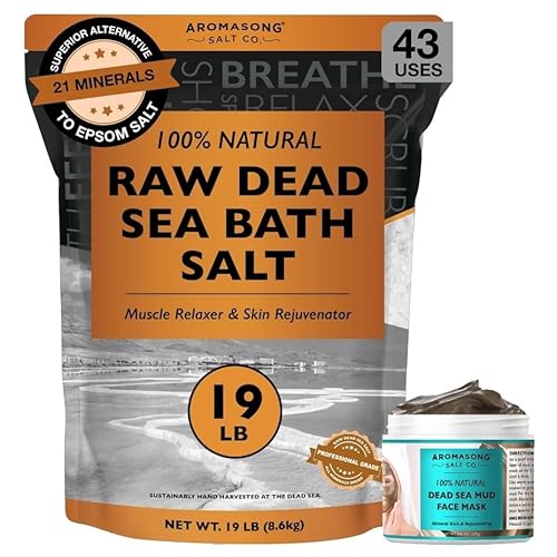 Aromasong 20 lbs Raw Dead Sea Bath Salt in Resealable Pack with 100% Pure Dead Sea Mud Facial Mask - 5 Minute Mask - No Ingredients Added
