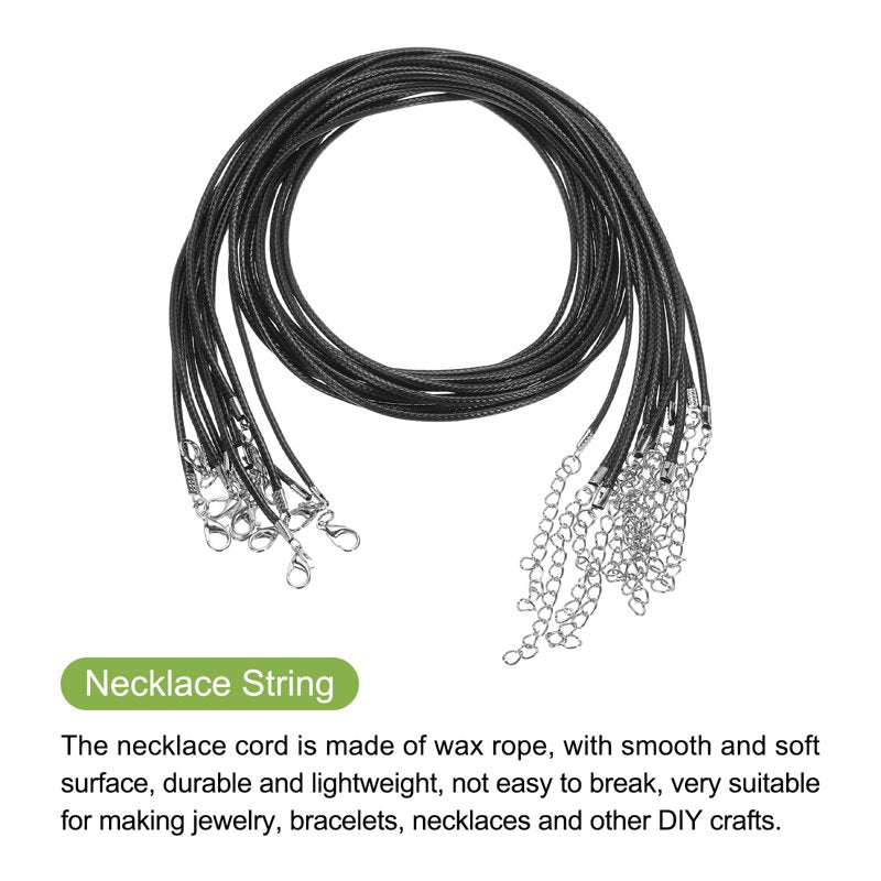 10-Pack 24 Inch Waxed Leather Necklace Cord with Clasp - Black, Jewelry Making Supplies