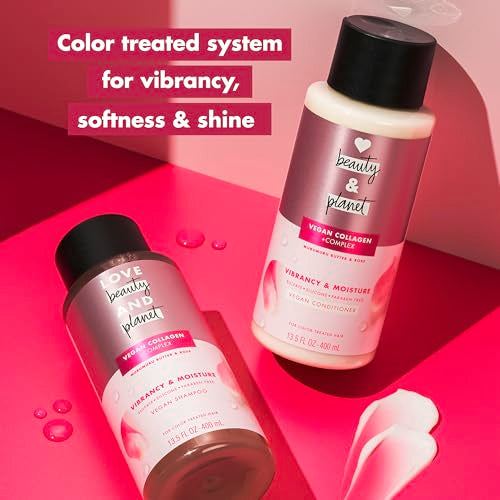 Love Beauty and Planet Vegan Collagen Moisture Shampoo, 13.5oz, Cruelty-free, Murumuru Butter & Rose for Color-Treated Hair Vibrancy, free from Sulfate, Paraben, Silicone