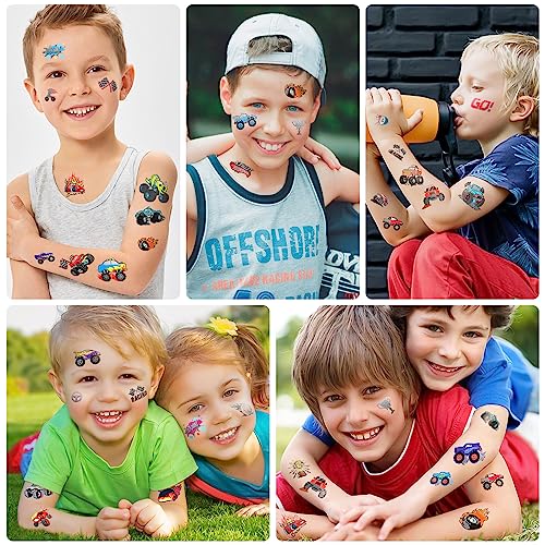 Temporary Tattoos for Kids, 75 PCS Truck Tattoos for Hot Wheel Birthday Party Decoration Favor, Metallic Tattoos, Monster Truck, Car Racing, Checkered Flag, Flames Tattoo for Boys Girls