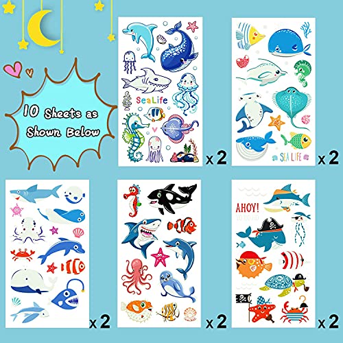 Partywind 130 Styles Luminous Shark Temporary Tattoos for Kids, Glow Shark Birthday Decorations Party Favors Supplies for Boys and Girls, Ocean Under Sea Fake Tattoo Stickers (10 Sheets)
