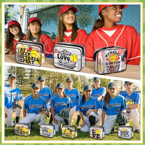 12 Pcs 8 x 6 x 2.4'' Softball Makeup Bag Cosmetic Bag Softball Gifts for Team Clear PVC Bags Softball Goodie Bag Stuffers Accessories for Women Cheer Case Toiletry Zipper Pouch Team Party Favors