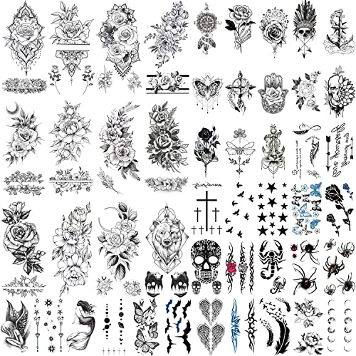 GLARYYEARS Floral Temporary Tattoo, 48-Pack Large + Small size Realistic Flower Tattoos, Mix Design Variety Pack Fake Tattoo Stickers for Women Girls Adults, Long-lasting Body Tattoos for Party