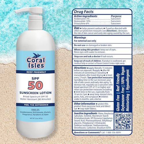 Coral Isles by Rocky Mountain Sunscreen | SPF 50 Lotion | Broad Spectrum UVA/UVB Protection | Hawaii Reef-Safe Act Compliant | Oxybenzone & Octinoxate Free | Water Resistant 80 Min. | 32 Fl Oz