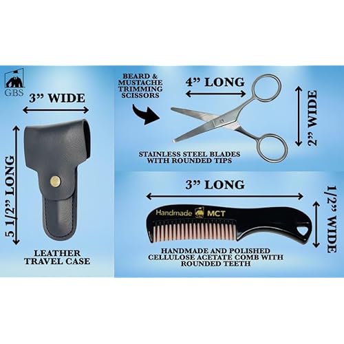 G.B.S Men's 3n1 Trimming, Cutting and Styling Beard Scissors, Stainless-steel Scissors for Beard, Mustache, Eyebrow, Nose Hair, Leather Travel Case and Beard and Mustache Comb