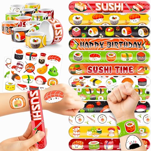 48PCS Sushi Party Set - 24PCS Temporary Pre - cut Tattoos & 24PCS Slap Bracelets - Fun Food-Themed Birthday Supplies, Baby Shower Gifts, Classroom Rewards & Party Decor for Kids (Boys & Girls)