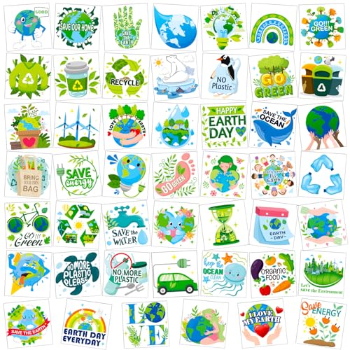 HOWAF 96pcs Earth Day Temporary Tattoos for Earth Day Decorations, Earth Day Tattoo Stickers for Kids, Earth Day Party Favors Environmental Protection Face Tattoos, Blue Green Save Earth Fake Tattoos