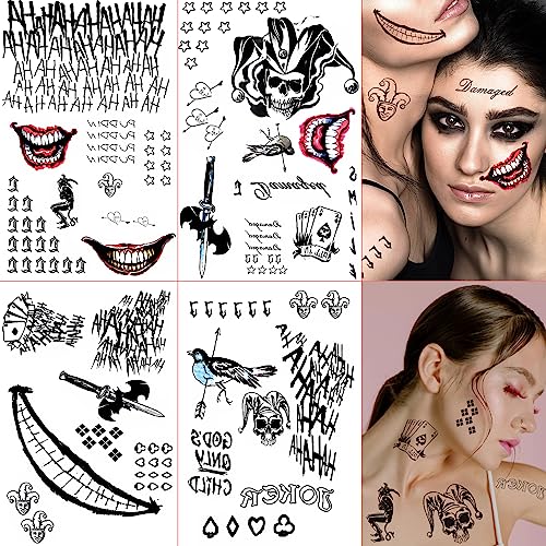 Halloween Temporary Tattoos, 4 Sheets Joker Tattoos Fake Temporary Tattoos Sticker for Men & Women, Perfect for Halloween, Cosplay, Costumes and Party Accessories