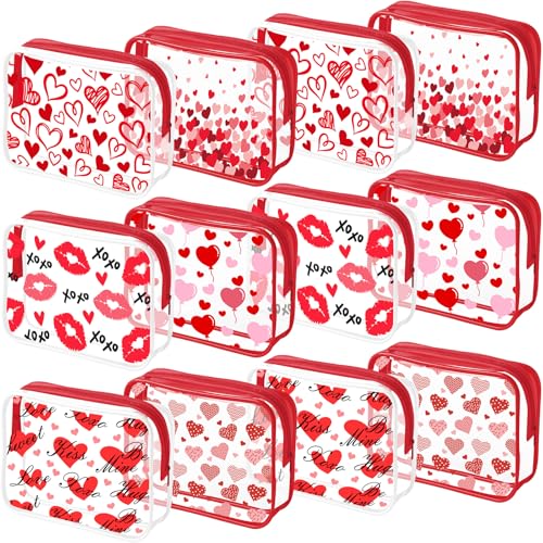12 Pcs Valentine's Day Makeup Bags Heart Cosmetics Bag PVC Clear Portable Goodie Bags Organizer 7 x 4.3 x 2.4 '' Travel Zippered Toiletry Carry Pouch for Valentine¡®S Day Women Gift