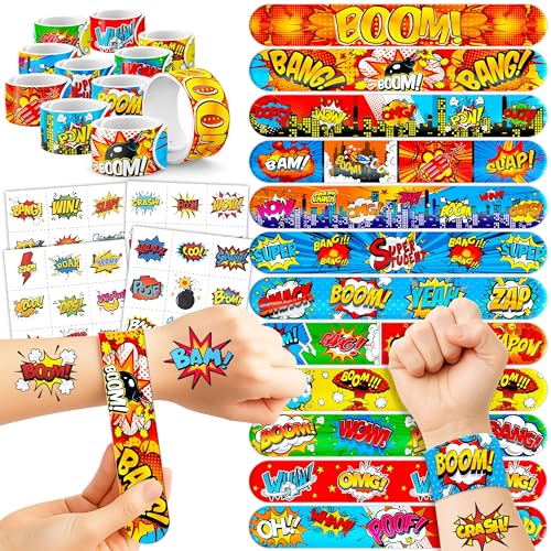 72PCS Hero Party Set - 48PCS Temporary Tattoos & 24PCS Slap Bracelets - Themed Pow Birthday Supplies, Baby Shower Gifts, Classroom Rewards & Party Decor for Kids